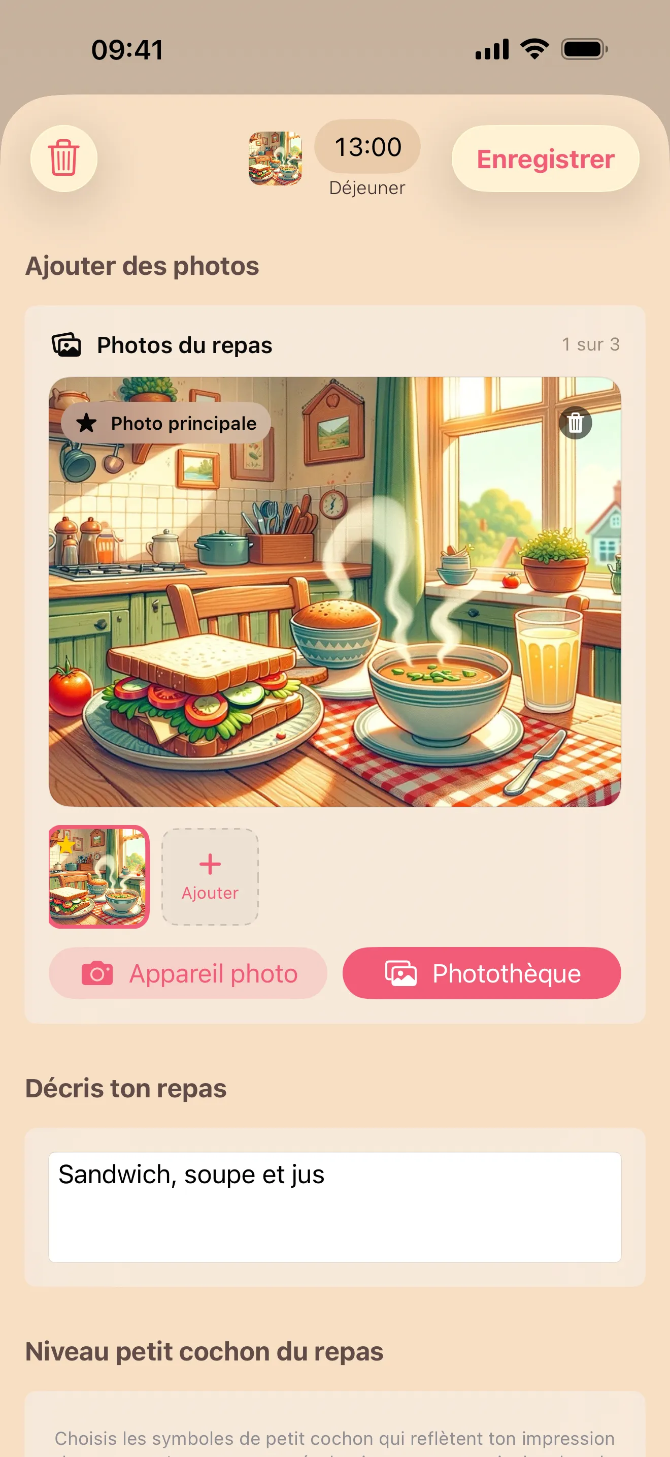 L'app Porkfolio affichant un repas enregistré avec un niveau petit cochon