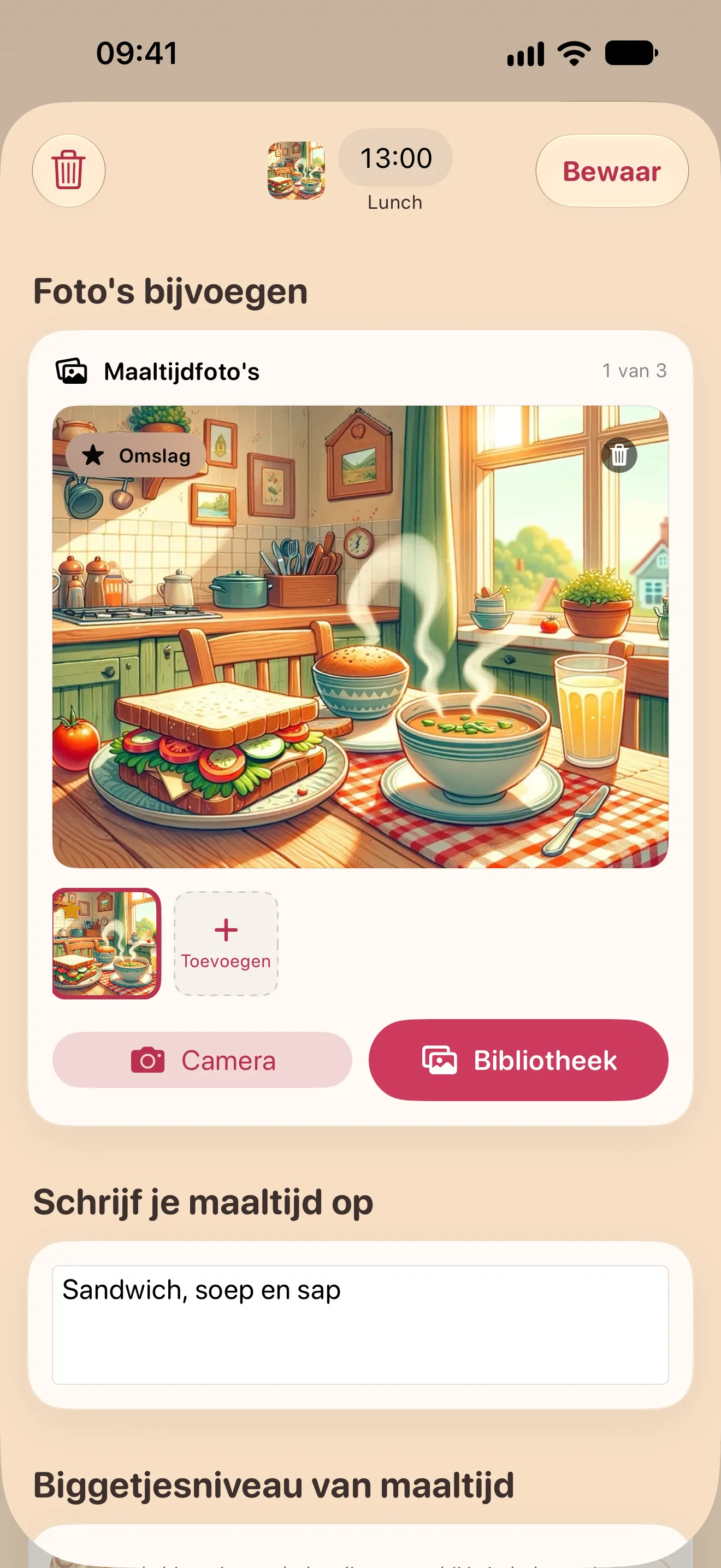 De Porkfolio-app met een vastgelegde maaltijd en een biggetjesniveau