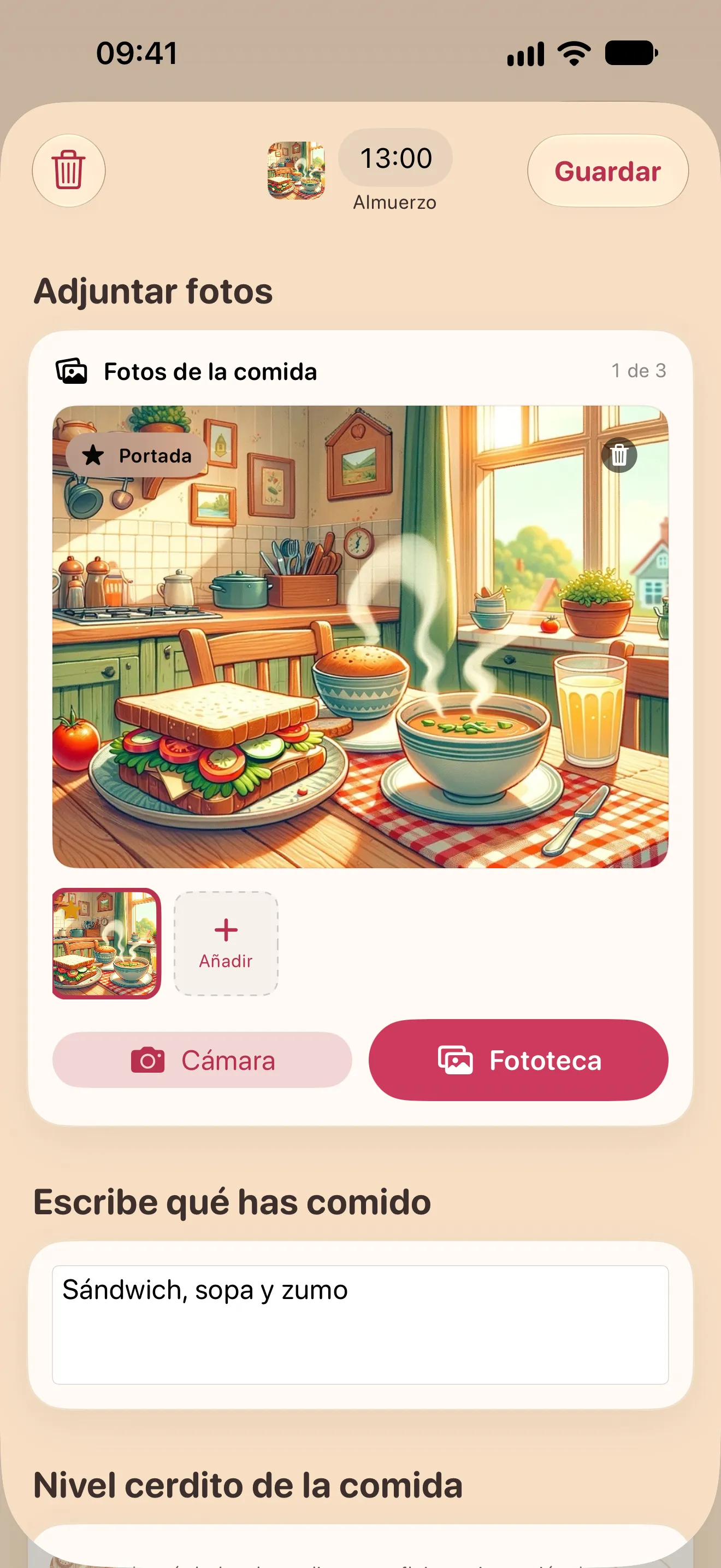 La app Porkfolio mostrando una comida registrada con una valoración de cerdito