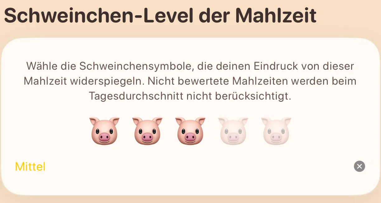 Die Schweinchen-Level-Karte mit fünf Schweinchen-Symbolen und dem gewählten Level
