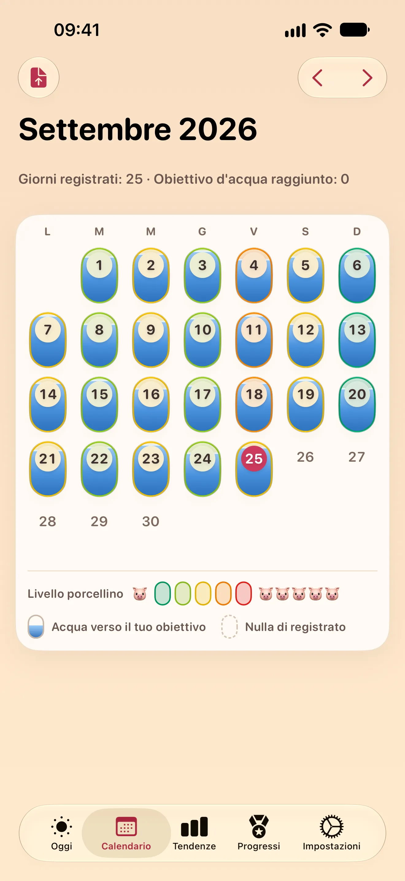 Un calendario mensile in cui ogni giorno è una capsula, colorata in base al livello porcellino e riempita d’acqua
