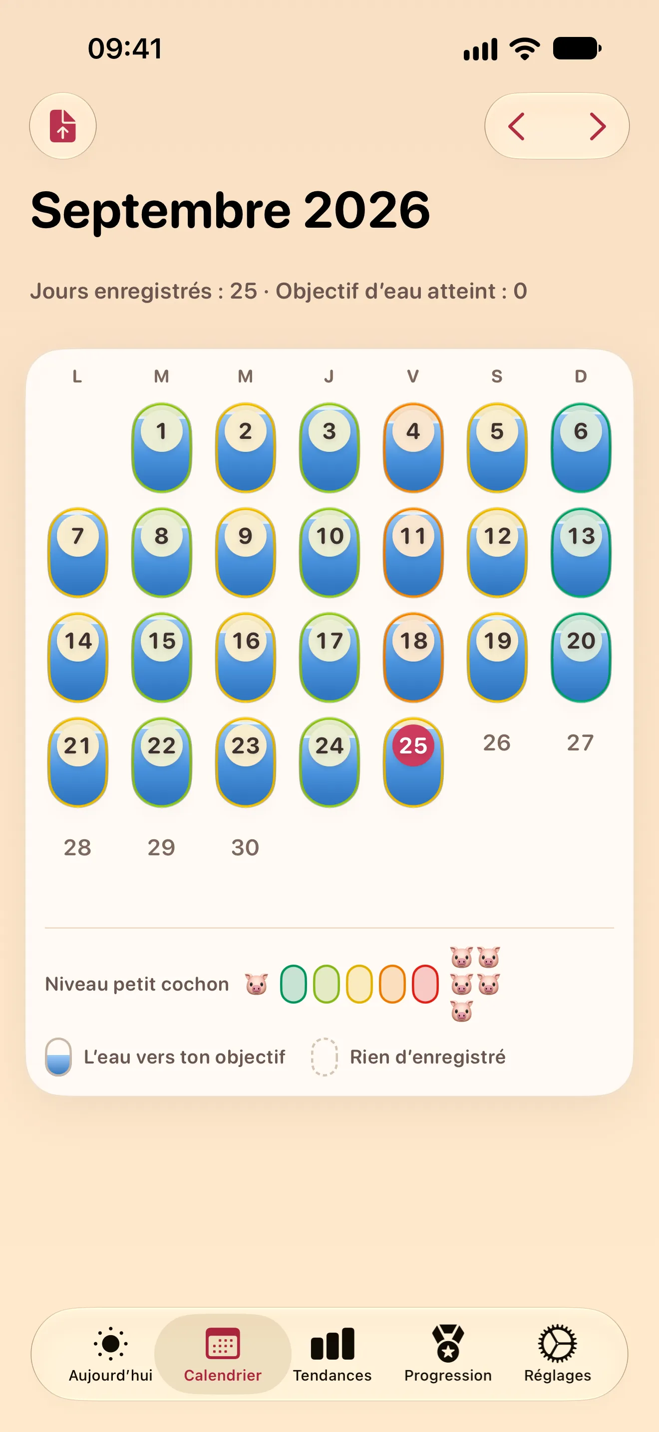 Un calendrier mensuel où chaque jour est une capsule, colorée selon son niveau petit cochon et remplie d’eau