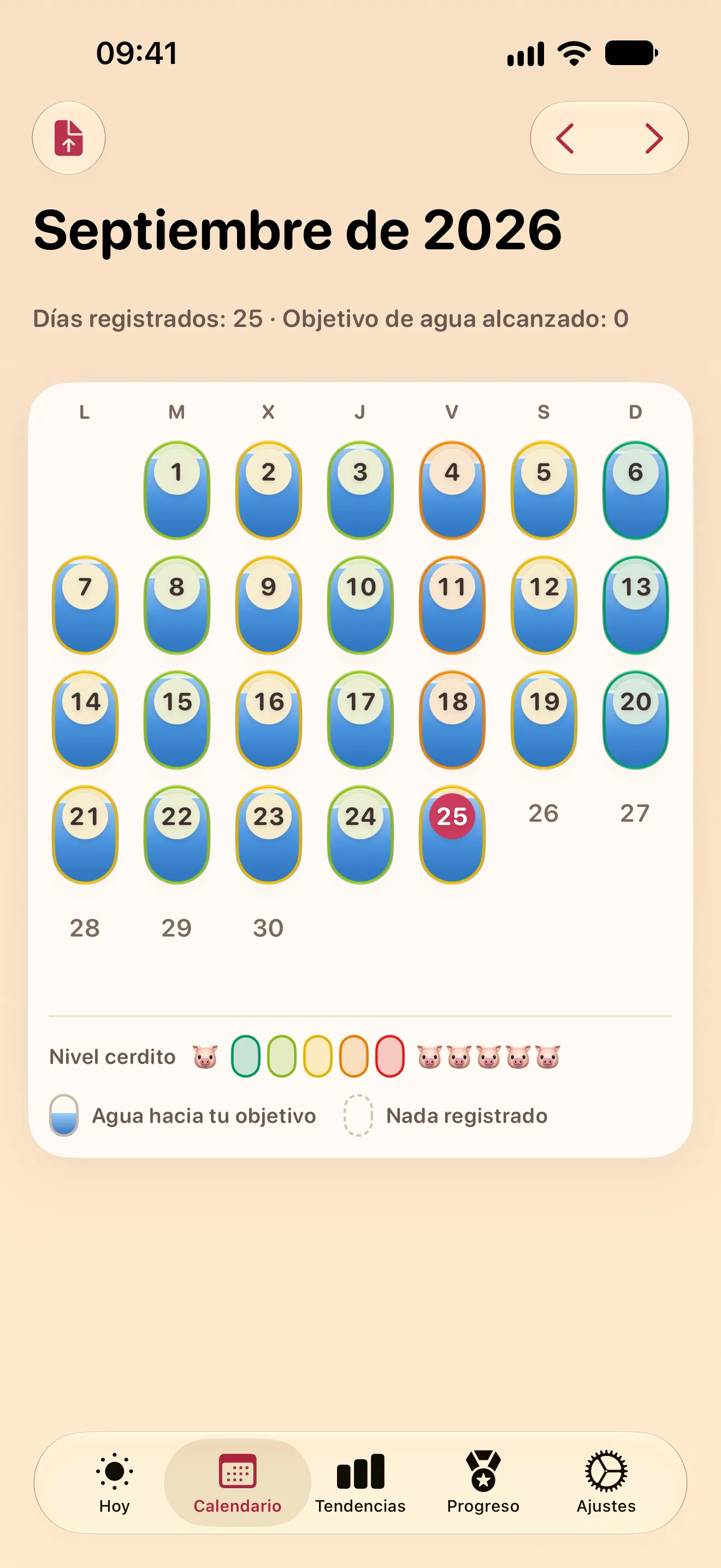 Un calendario mensual en el que cada día es una cápsula, coloreada por su nivel de cerdito y llena de agua