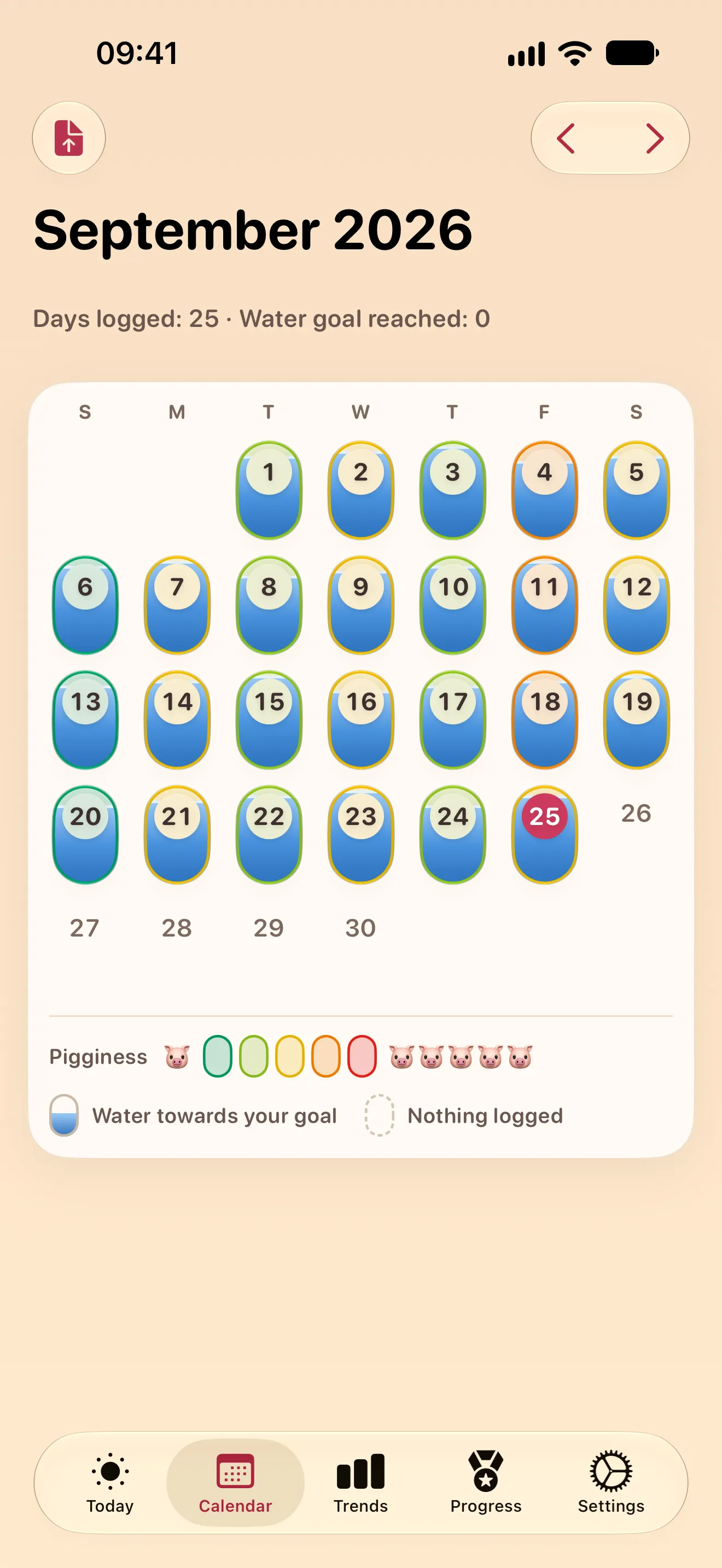 A month calendar where each day is a capsule, colored by its Pigginess and filled with water