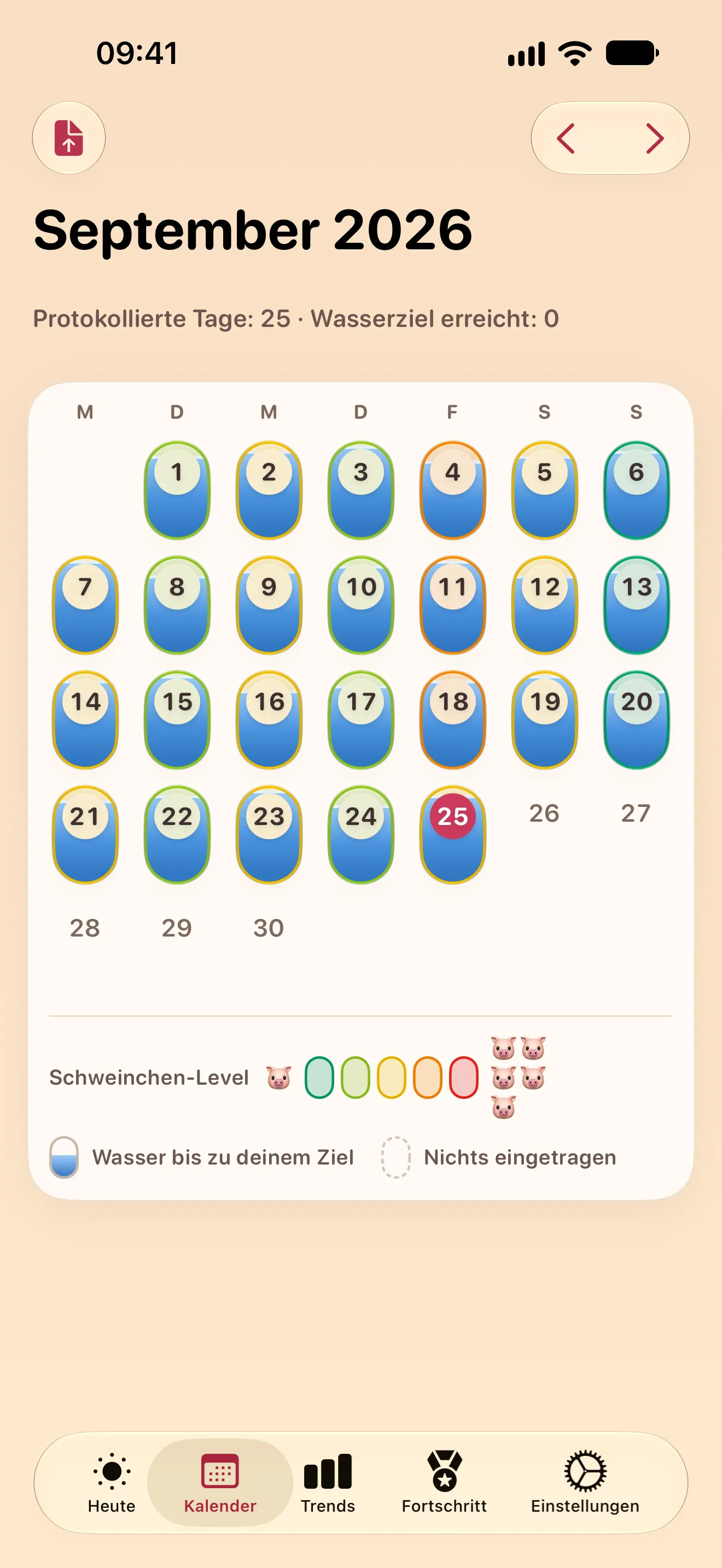 Ein Monatskalender, in dem jeder Tag eine Kapsel ist, gefärbt nach Schweinchen-Level und mit Wasser gefüllt