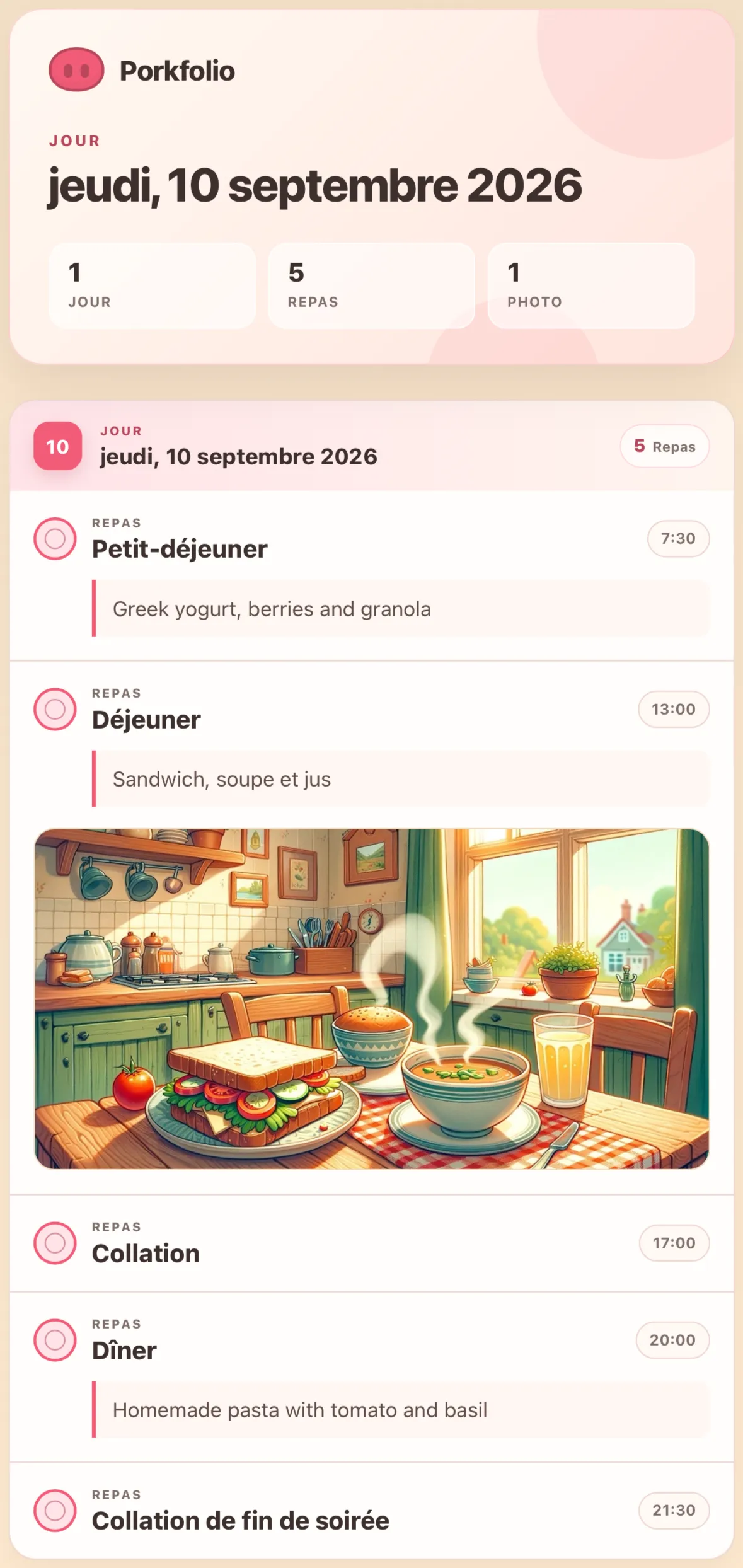 Un PDF imprimable du carnet avec repas, niveaux et photos