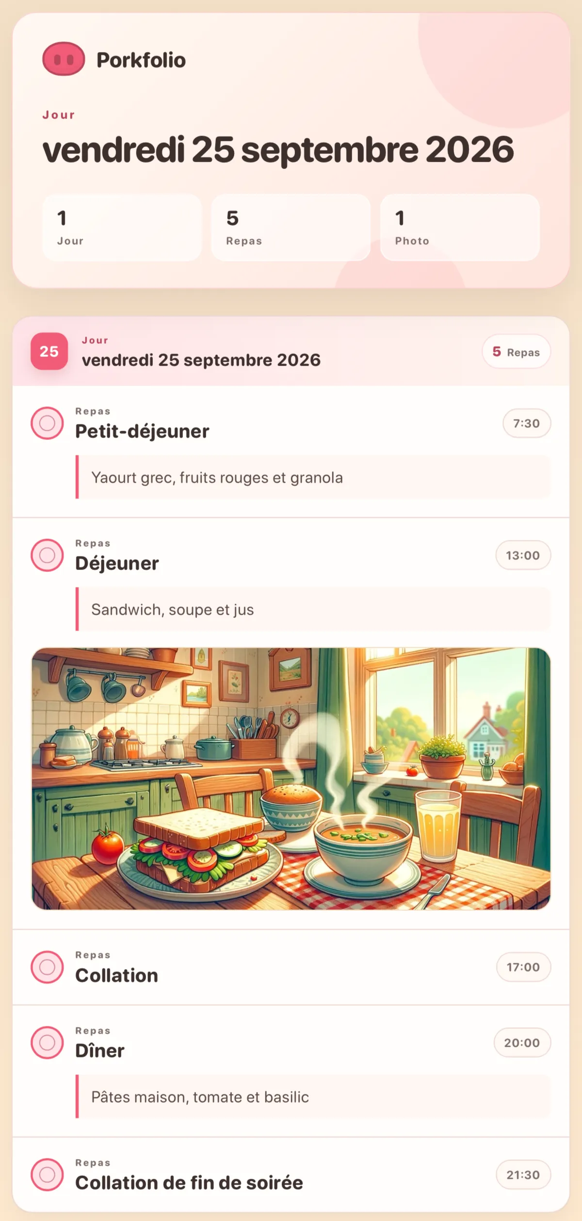 Un PDF imprimable du carnet avec repas, niveaux et photos