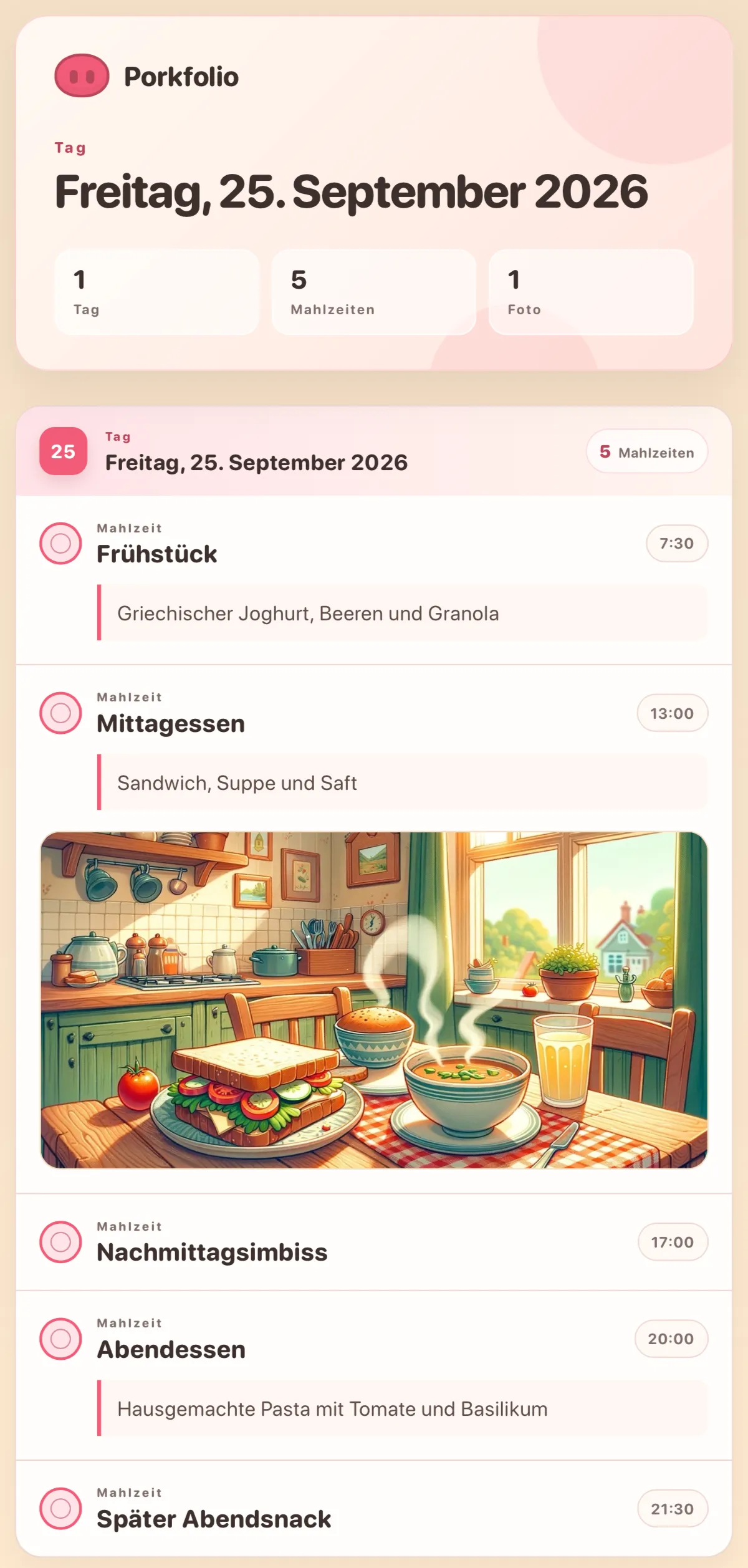 Ein druckbares PDF-Tagebuch mit Mahlzeiten, Bewertungen und Fotos