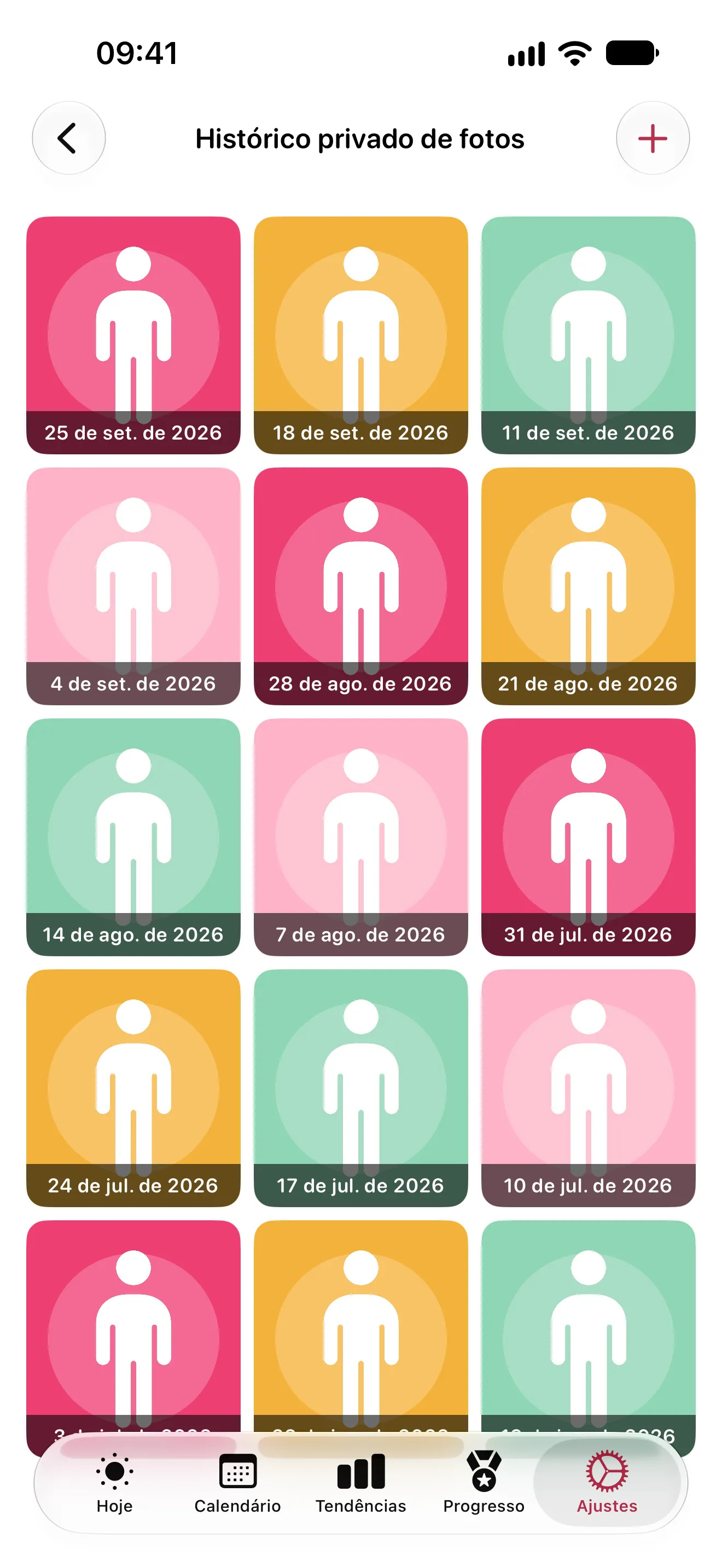 O histórico privado de fotos, uma grade de fotos identificadas por data