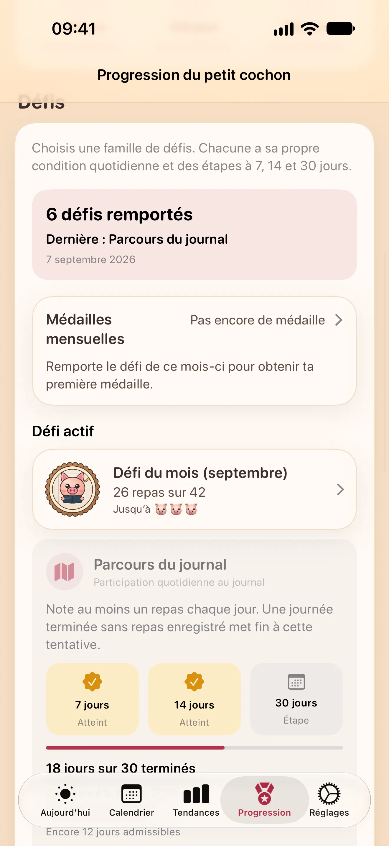 L’écran Progression : les défis réussis, les médailles mensuelles, le défi du mois et un défi Parcours du journal actif avec ses étapes