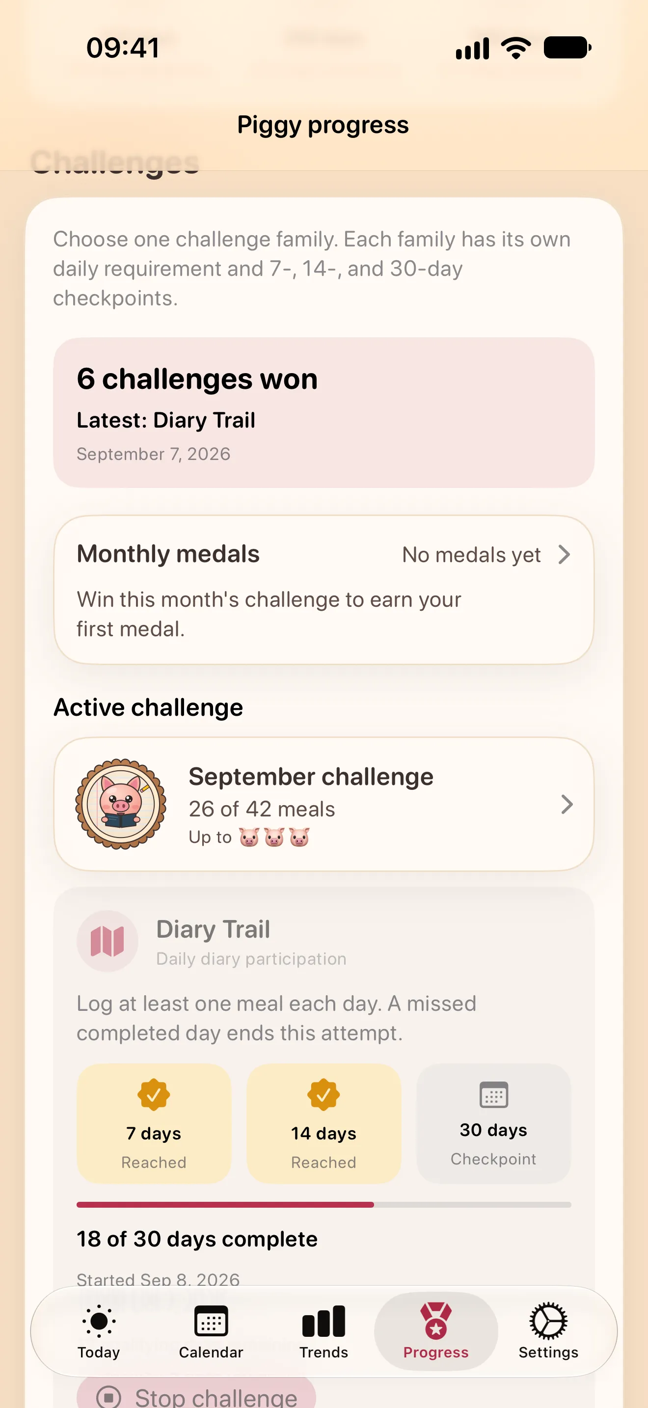 The Progress screen: challenges won, the monthly medals, this month’s challenge and an active Diary Trail challenge with its checkpoints