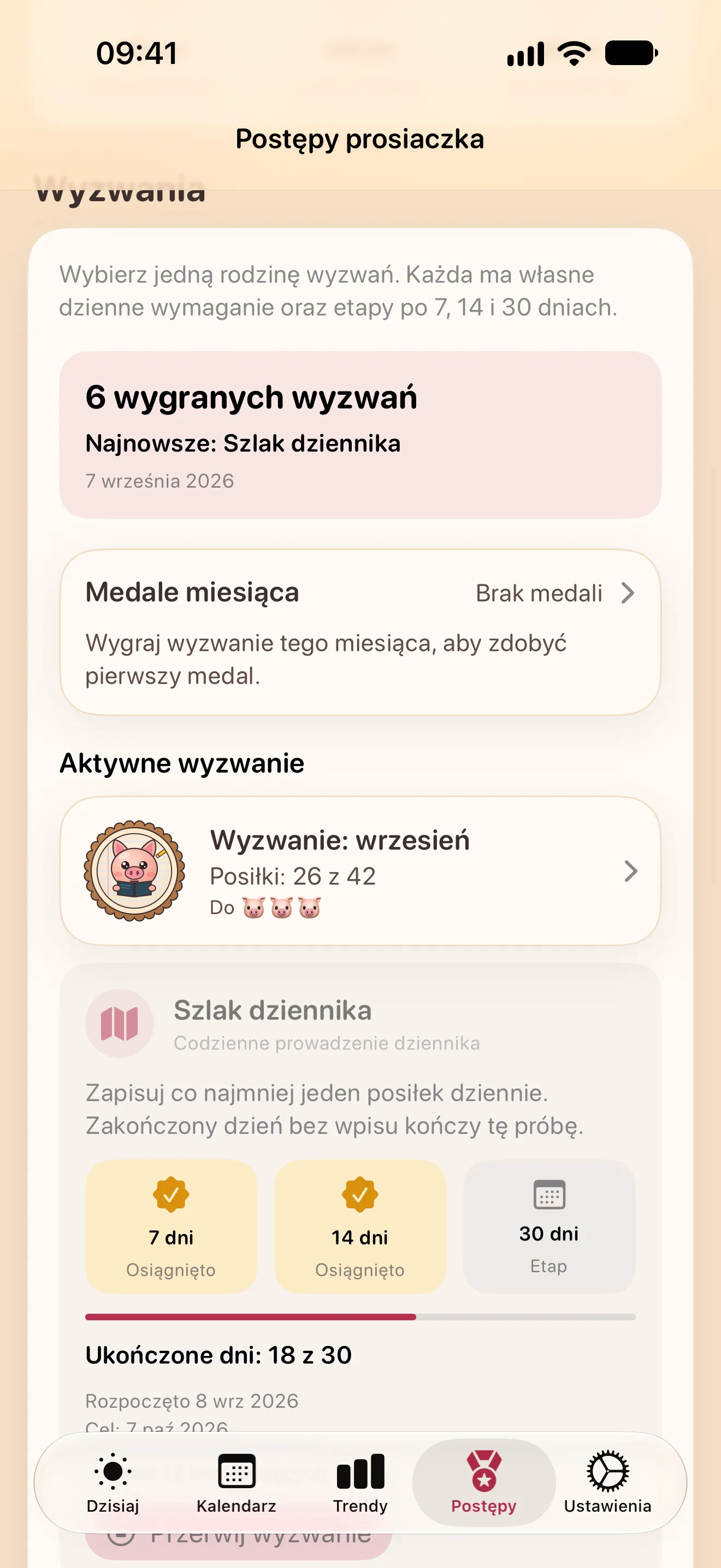 Ekran Postępy: wygrane wyzwania, medale miesiąca, wyzwanie tego miesiąca i aktywne wyzwanie Szlak dziennika z punktami kontrolnymi