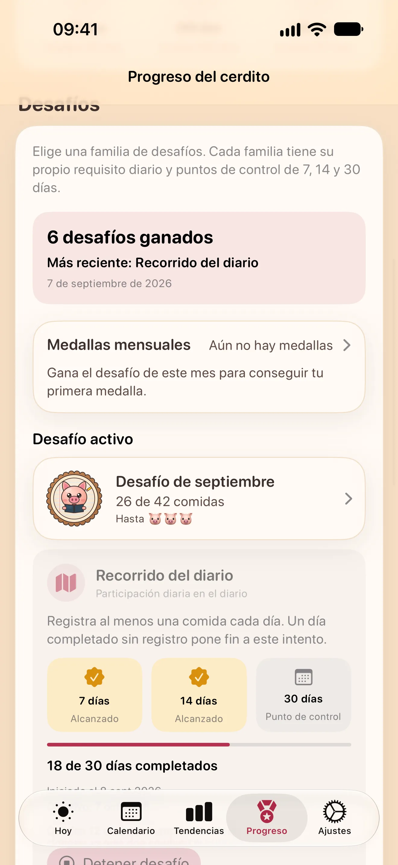 La pantalla Progreso: desafíos ganados, las medallas mensuales, el desafío del mes y un desafío Recorrido del diario activo con sus hitos