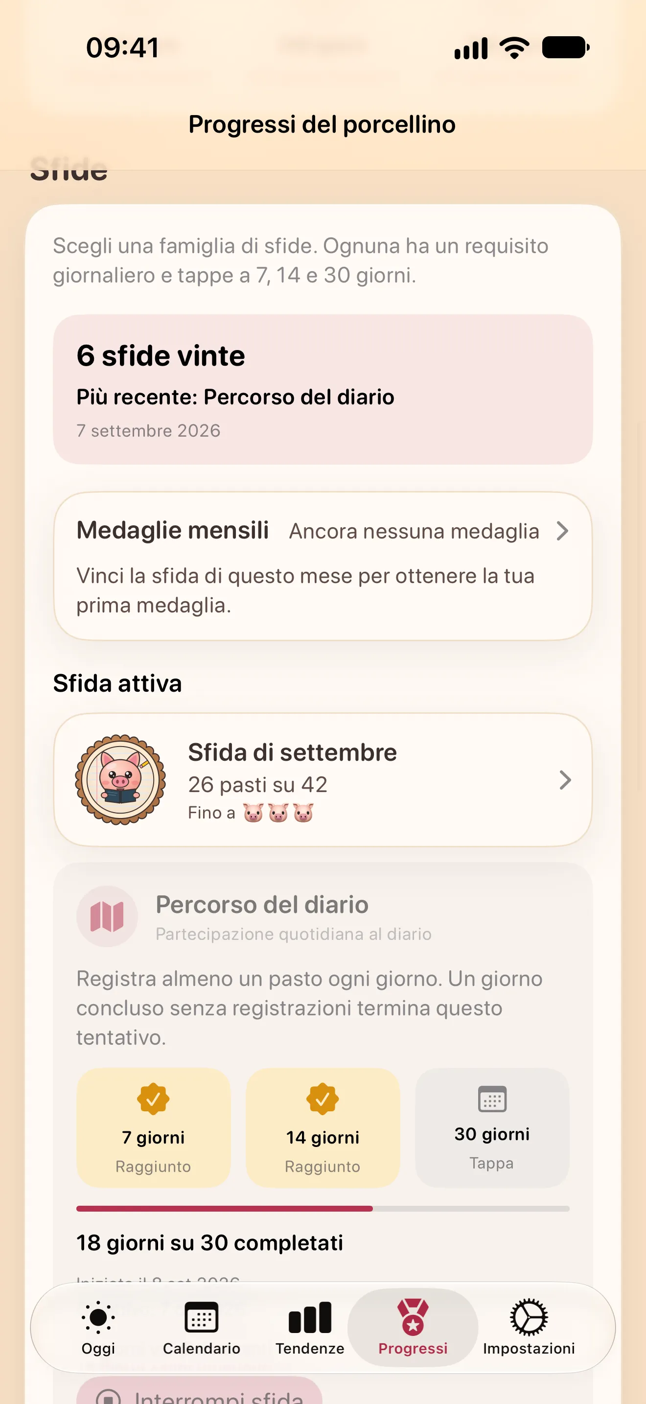 La schermata Progressi: le sfide vinte, le medaglie mensili, la sfida del mese e una sfida Percorso del diario attiva con i suoi traguardi