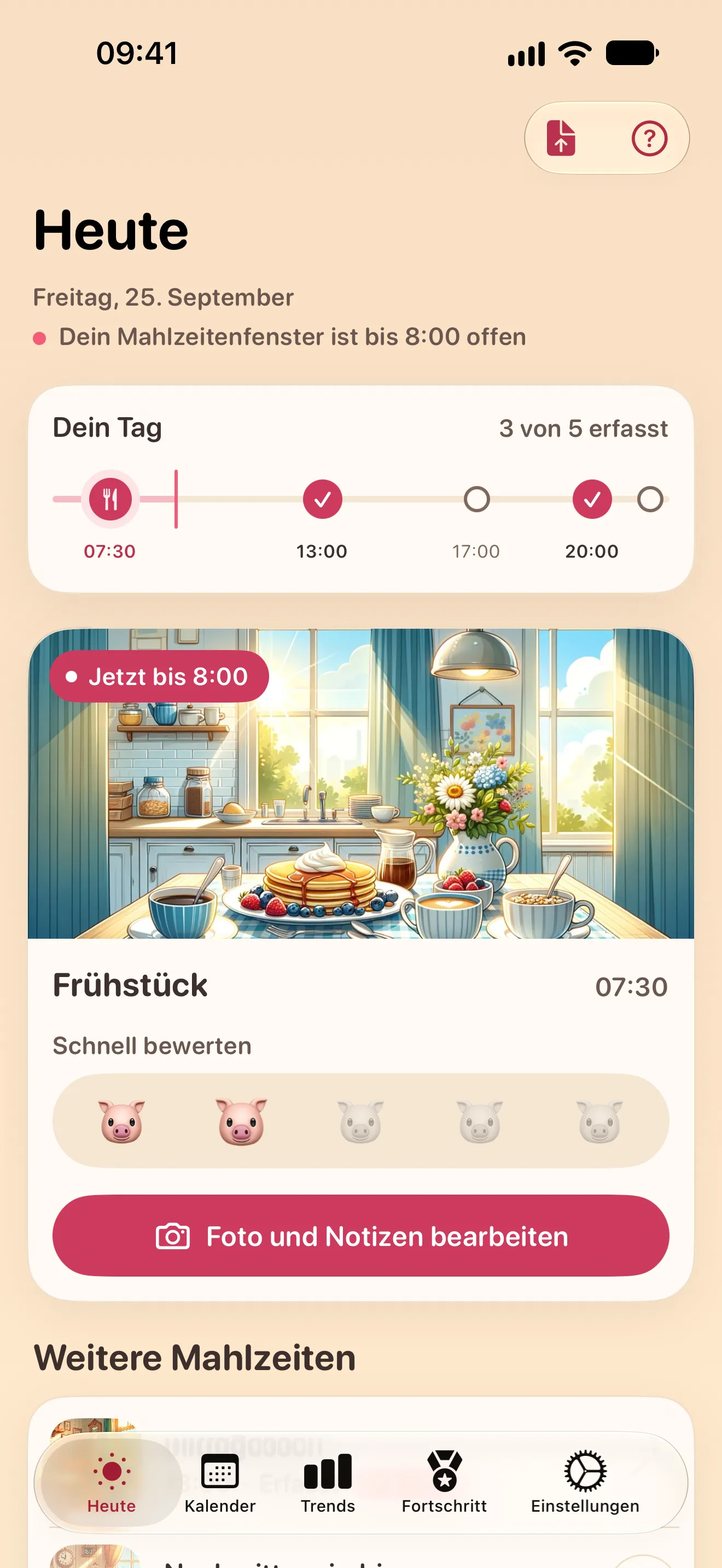 Der Heute-Bildschirm: die Zeitleiste des Tages und die aktuelle Mahlzeit, das Frühstück, bereit für eine schnelle Bewertung