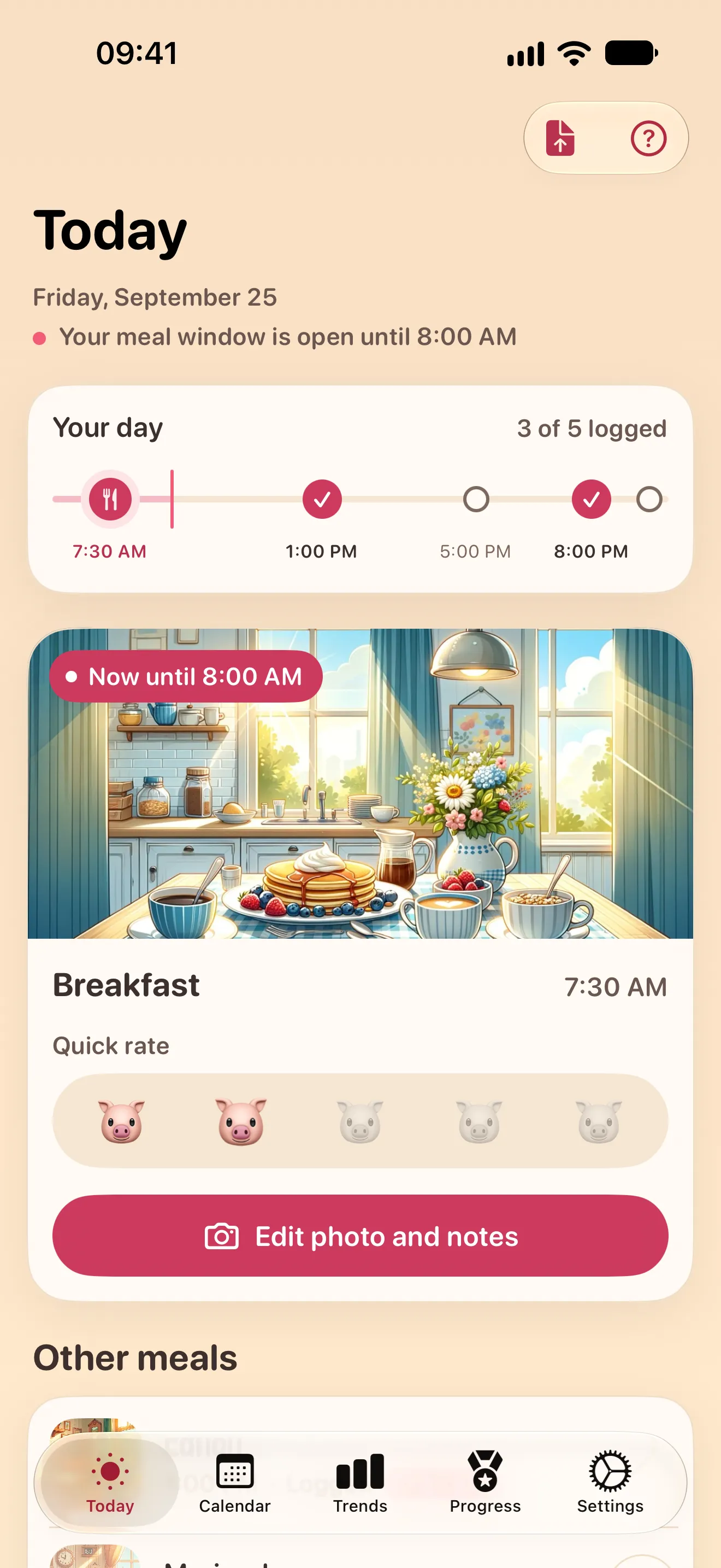 The Today screen: a timeline of the day and the current meal, breakfast, ready for a quick Pigginess rating