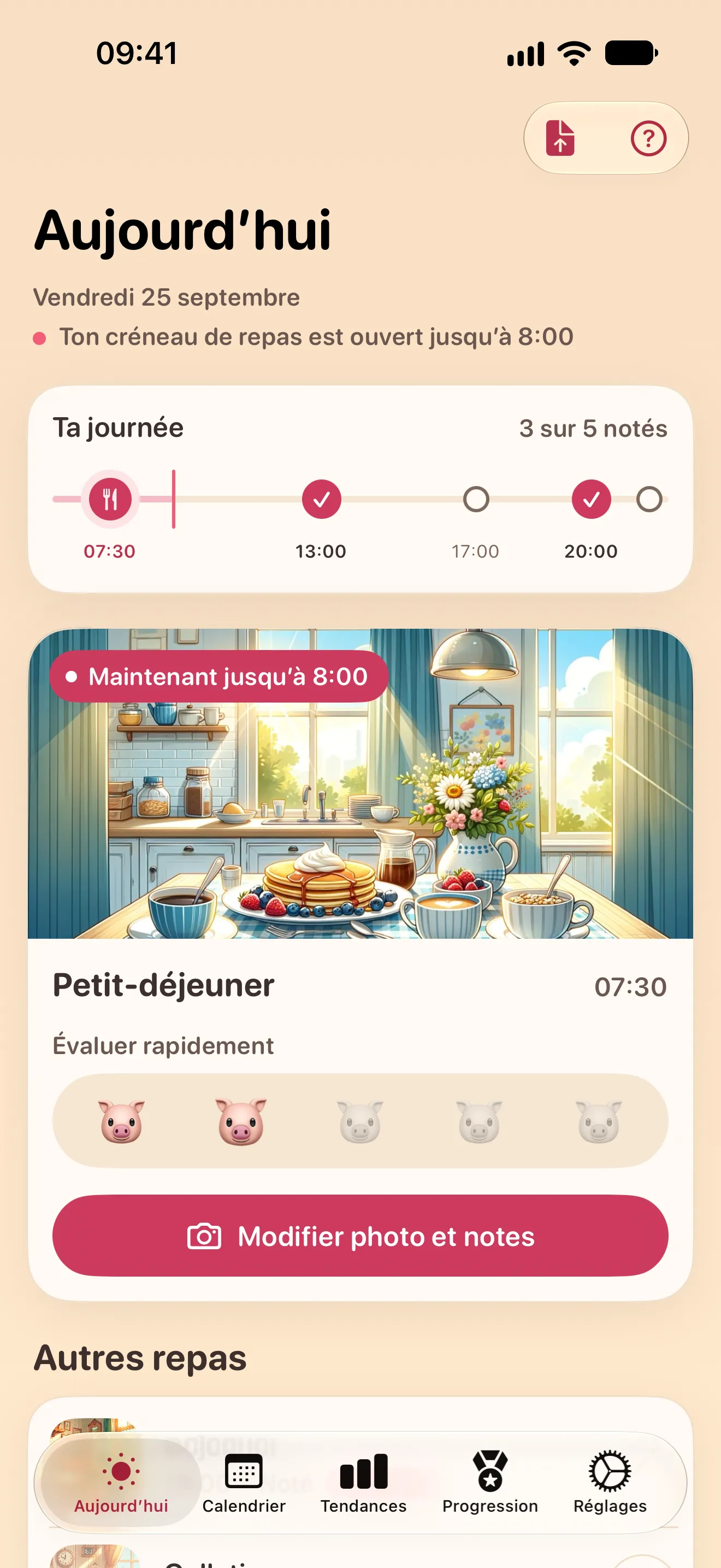 L’écran Aujourd’hui : la frise de la journée et le repas en cours, le petit-déjeuner, prêt pour une évaluation rapide