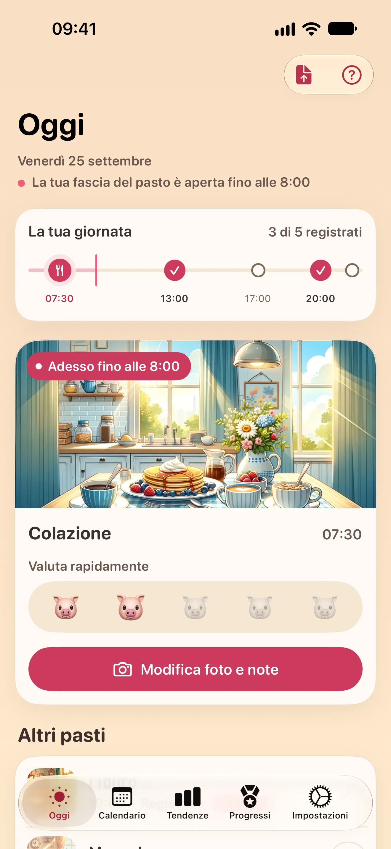 La schermata Oggi: la linea del tempo della giornata e il pasto in corso, la colazione, pronto per una valutazione rapida